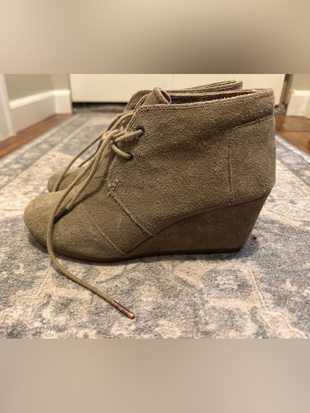 TOMS Lace-Up Suede Wedge Ankle Booties in Taupe